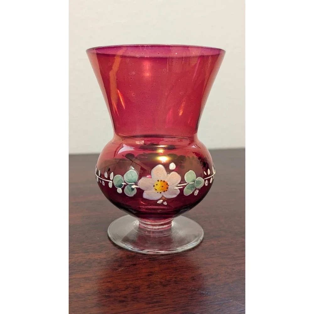 Vintage Ruby Red Glass Hand Painted Floral Vase Goblet Enamel Daisy 5in Small